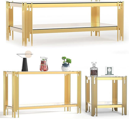 Henf Modern Glass Coffee Table Set with Storage Shlef 3 Piece Gold Living Room Tables Set Including Coffee Sofa End Tables Set,Stainless Steel Frame, Tempered Glass Top for Living Room Home Office