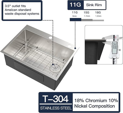 Kitchen Sink 27 x 22 inch Drop-In Top Mount 16 Gauge Tight Radius Single Bowl 2-Hole Stainless Steel Kitchen Sink and Accessories (Pack of 4)