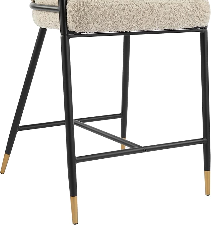 Set of 2 Upholstered Counter Stools - 26" Seat Height Almond Boucle Stools with Sturdy Iron Frame, Gold Trim+Black Base, Contemporary Design for Kitchen Island/Home Bar/Dining Area