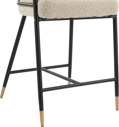 Set of 2 Upholstered Counter Stools - 26" Seat Height Almond Boucle Stools with Sturdy Iron Frame, Gold Trim+Black Base, Contemporary Design for Kitchen Island/Home Bar/Dining Area