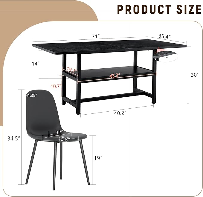 Dining Table Set with Storage and 6 Chairs, 71x35.4 Inch Black Grain Spliced Table with PU Upholstered Seats, Modern Mid-Century Style for Kitchen and Dining Room, Family Gatherings