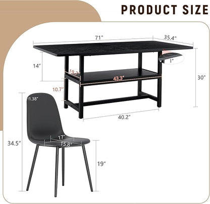 Dining Table Set with Storage and 6 Chairs, 71x35.4 Inch Black Grain Spliced Table with PU Upholstered Seats, Modern Mid-Century Style for Kitchen and Dining Room, Family Gatherings