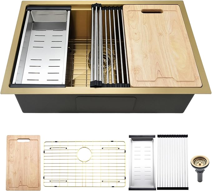 30 Inch Undermount Gold Kitchen Sink, Workstation 16 Gauge Stainless Steel Single Bowl Undermount Deep Kitchen Sink Basin