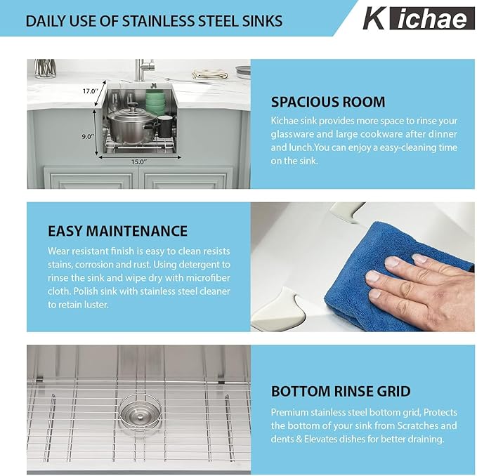 Kichae 15 Inch Undermount Sink Stainless Steel Bar Prep Sink 15x17 Undermount Single Bowl 16 Gauge Stainless Steel RV Kitchen Sinks Handmade Round Corner