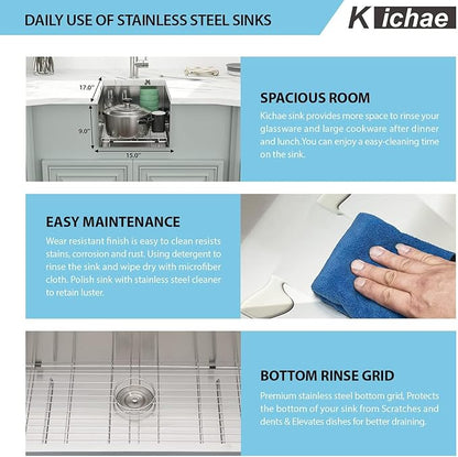 Kichae 15 Inch Undermount Sink Stainless Steel Bar Prep Sink 15x17 Undermount Single Bowl 16 Gauge Stainless Steel RV Kitchen Sinks Handmade Round Corner