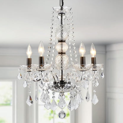 WUZUPS Crystal 5-Light Candle Chandelier Pendant Flushmount Ceiling Light Modern Lighting Fixture for Bedroom Hallway Bar Kitchen Bathroom, H 25" x W 20", Black, E12 Base