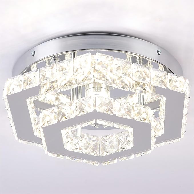 CXGLEAMING Modern Crystal Chandelier LED Flush Mount Ceiling Light Hexagonal Pendant Lamp Fixture 3 Color Changing Ceiling Light for Bedroom Hallway Bar Living Room Bathroom