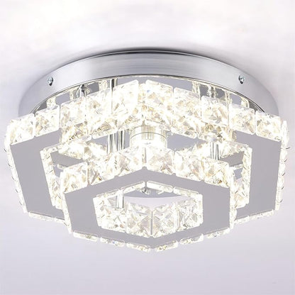 CXGLEAMING Modern Crystal Chandelier LED Flush Mount Ceiling Light Hexagonal Pendant Lamp Fixture 3 Color Changing Ceiling Light for Bedroom Hallway Bar Living Room Bathroom