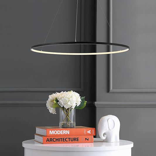 JONATHAN Y 35" Matte Black Modern Integrated LED Pendant Light, Dimmable Round Hoop Chandelier for Kitchen Island, Dining Room, Adjustable Height Metal Hanging Light (JYL7220A)