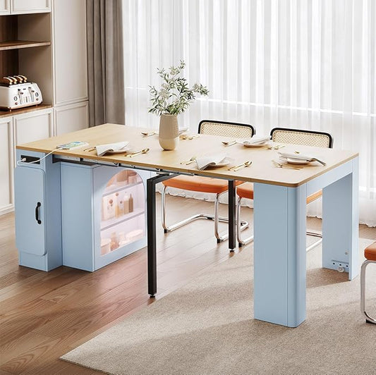 Extendable Console Dining Table with Power Outlet & Iron Support Legs, Console Table with Extension Leaves Holder & LED Lights Glass Door Storage for Dining Room (Grey Blue)