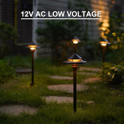 GOODSMANN Low Voltage Landscape Lighting 8PK LED Path Lights Oil Rubbed Bronze 4W 32 Lumen Hardwired 2 Tier Pagoda Landscape Pathway Lights 3000K Warm White Metal Stakes Cable Connectors