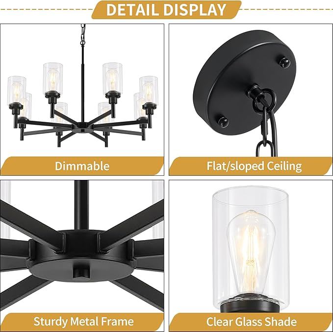 8-Light Farmhouse Glass Chandelier, Modern Black Chandelier for Dining Room Island Lights Industrial Hanging Foyer Lighting Fixtures Chandeliers for Entryway Kitchen Living Room Adjustable Height