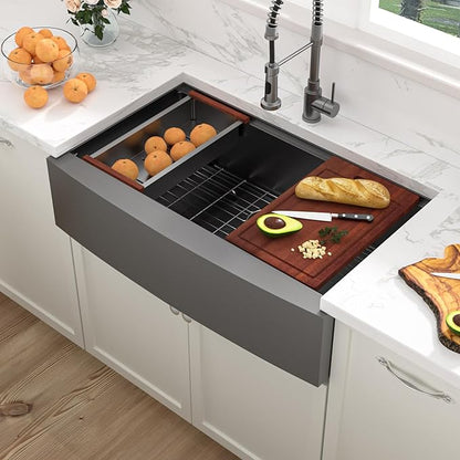 Sarlai 36 Black Farmhouse Sink Stainless Steel - 36 x 22 inch Kitchen Sink Ledge Workstation Gunmetal Black Farmhouse Sinks Apron Front 16 Gauge Stainless Steel Deep Single Bowl Kitchen Farm Sinks