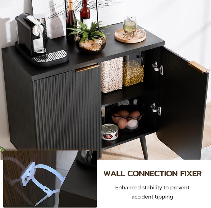 29.5" Modern Fluted Sideboard - Wood Buffet Cabinet with 2 Doors & Adjustable Shelves, Multi-Space Storage Credenza for Living Room, Dining Room & Entryway, Black