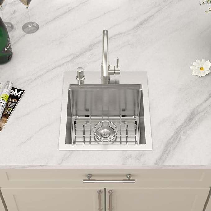Dcolora Drop In Bar Sink 15x17x9 Inches, Workstation with Accessories, Brushed 304 Stainless Steel, Heavy Duty 16 Gauce, Small Single Bowl Perfect for Small Kitchen, Bar, Kitchen Island #DC-TW258004