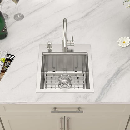Dcolora Drop In Bar Sink 15x17x9 Inches, Workstation with Accessories, Brushed 304 Stainless Steel, Heavy Duty 16 Gauce, Small Single Bowl Perfect for Small Kitchen, Bar, Kitchen Island #DC-TW258004