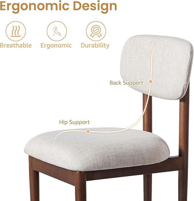Casaphoria Upholstered Dining Chairs Set of 2, Mid-Century Modern Kitchen Chairs with Solid Wood Legs & Thick Cushion, Ergonomic Fabric Accent Chairs for Dining Room, Vanity & Office, Gray and Walnut