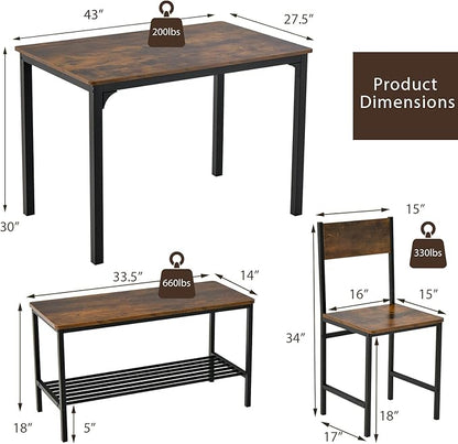LDAILY Dining Table Set for 4, 4-Piece Wooden Kitchen Table and Chairs with Bench, Storage Rack & Metal Frame, Industrial Dining Room Table Set of 4 for Small Space, Apartment, Kitchen (Teak)