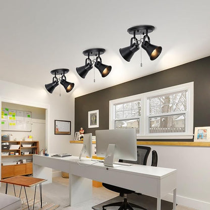 SEEBLEN 2-Light Black Track Lighting with Pull Chain, Industrial Adjustable Pull Chain Light Fixture Round Ceiling Light, Modern Flush Mount for Kitchen, Hallway, Dining Room