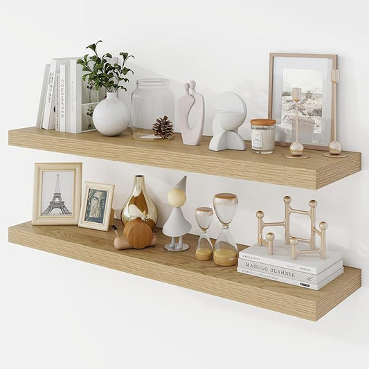 Acovy 36 Inch Floating Shelves, 9.3" Deep Floating Shelf Wall Mounted, 36" Wall Shelves, Rustic Deep Bookshelf, Large Display Shelves & Storage Shelves for Bedroom, Living Room, Oak, Set of 2