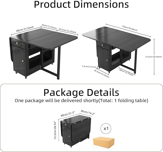 Small Folding Dining Table - 59" Fully Assembled Drop Leaf Table 4-6 Seater with Storage and Lockable Wheels, Space-Saving for Kitchen or Dining Room (Black)