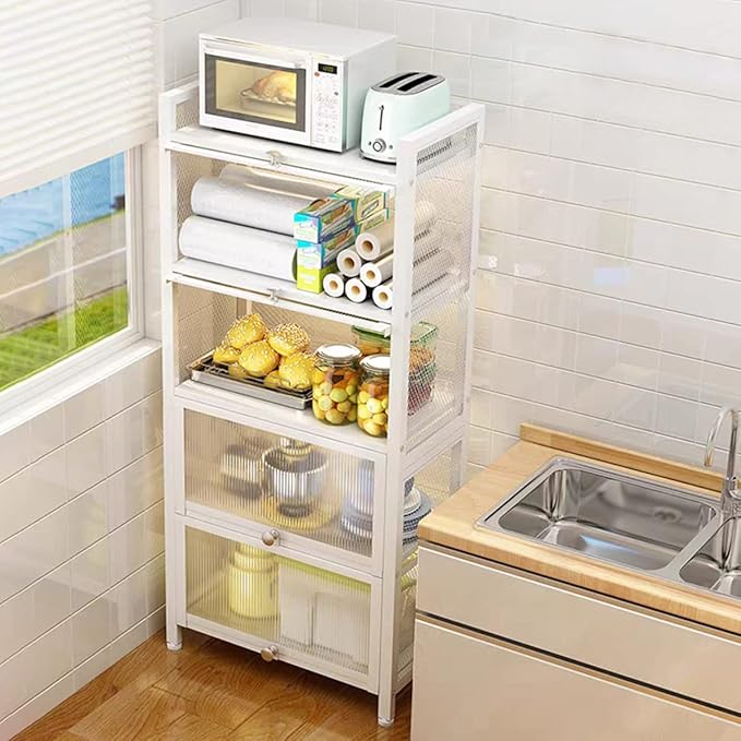 Gdrasuya10 White Kitchen Storage Cabinet Buffet Pantry, 4 Tier Metal Kitchen Pantry Cabinet with Folding Doors 56'' Tall Bookshelf Bookcase Suitable for Dining Room Living Room