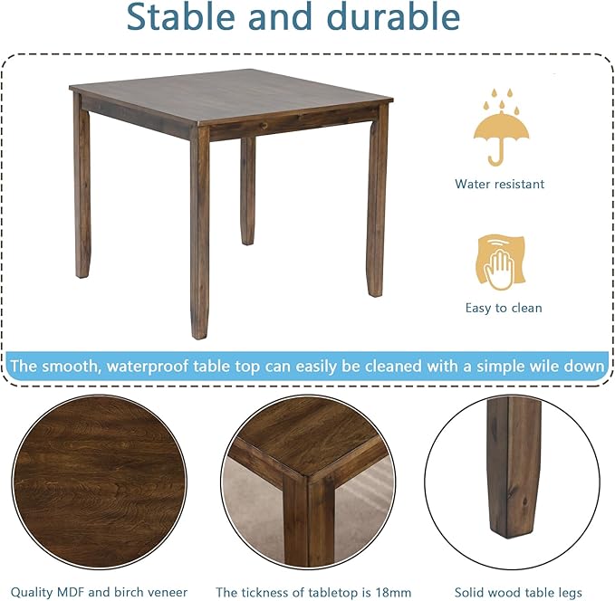 5-Piece Solid Wood Dining Table Set with 4 Upholstered Chairs, Square Kitchen Table Set for 4, Modern Dining Room Table and Chairs Set of 4 for Kitchen and Dining, Walnut