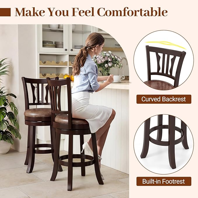 Giantex Swivel Bar Stools Set of 2, 26" Upholstered Counter Height Bar Chairs with Back, Faux Leather Seat, Solid Rubber Frame & Wrap-Around Footrest, Wooden Barstools for Kitchen Island, Pub