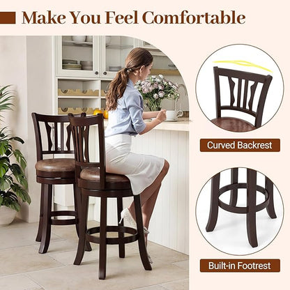 Giantex Swivel Bar Stools Set of 2, 26" Upholstered Counter Height Bar Chairs with Back, Faux Leather Seat, Solid Rubber Frame & Wrap-Around Footrest, Wooden Barstools for Kitchen Island, Pub