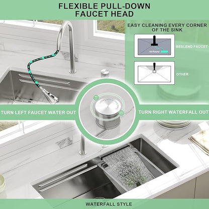 33 inch Undermount Kitchen Sink - Beslend 33x17x10 Waterfall Sink with Pull-Down Faucet 16 Gauge Stainless Steel, Double Track Workstation Kitchen Sinks with Faucet Combo, Handmade Dish Basin