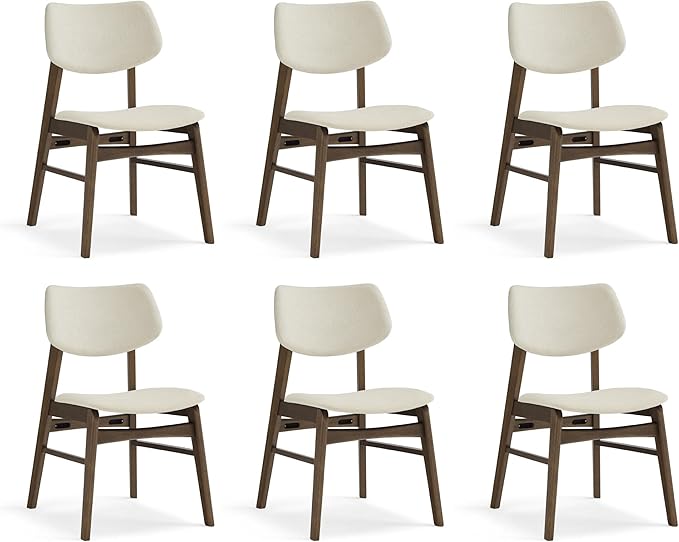 KISLOT Wooden Dining Chairs Set of 6, Upholstered Modern Dining Room Chairs, Solid Oak Wood Kitchen Chairs with Soft Cushion Backrest for Farmhouse, Restaurant, Café (Cream Fabric & Walnut Color)