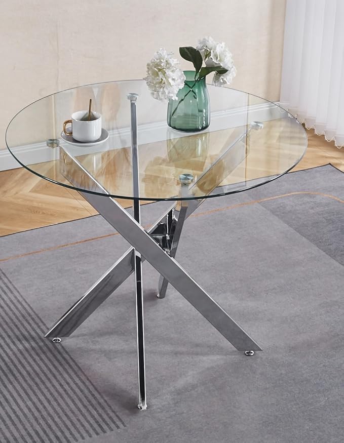Round Glass Dining Table,Dining Room Table with Metal Legs, Modern Kitchen Table for Home, Kitchen, Dining Room