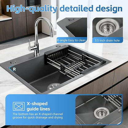 Black Kitchen Sink, Stainless Steel Single Bowl Sink, Drop In/Topmount Workstation Sink with Retractable Drain Basket, for Bar, Kitchen, Balcony, RV (21.6 * 17.7in)