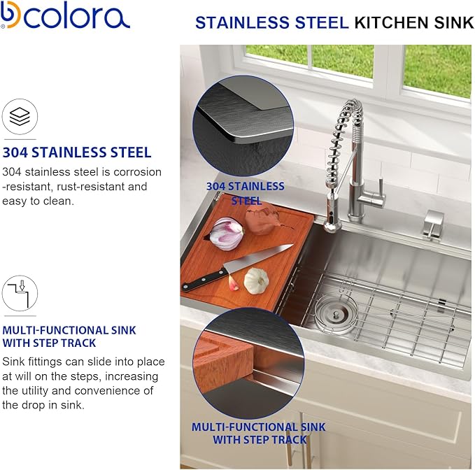 Dcolora 33x19 Kitchen Sink Drop In with Workstation Handed-Welding 16 Gauge 304 Stainless Steel Large Single Bowl Drop In Sink Top mount Brushed Nickel, #DC-T7764
