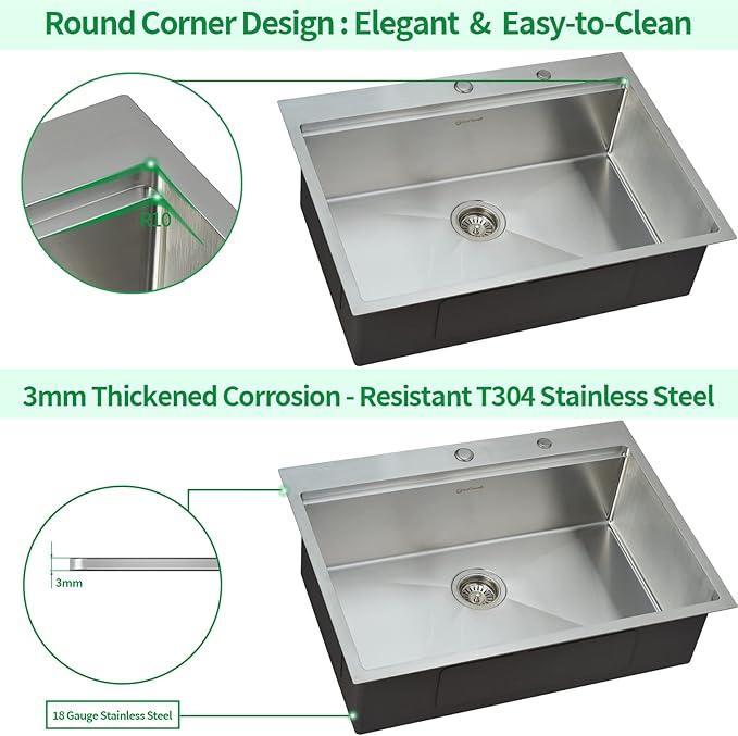 Kitchen Sink, 30 x 22 x 10 Drop in Kitchen Sink 16 Gauge Stainless Steel Kitchen Sinks Single Bowl Workstation Sink with Cutting Board