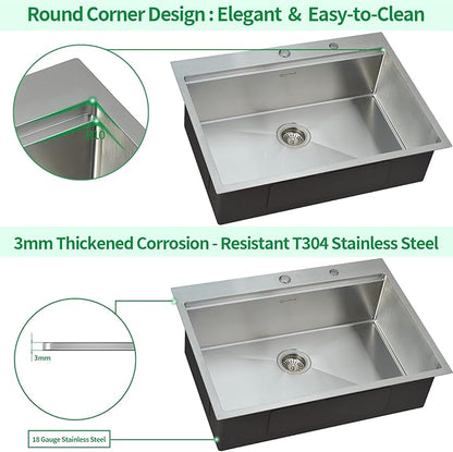 Kitchen Sink, 30 x 22 x 10 Drop in Kitchen Sink 16 Gauge Stainless Steel Kitchen Sinks Single Bowl Workstation Sink with Cutting Board