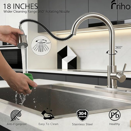 Friho Kitchen Faucet with Pull Down Sprayer Brushed Nickel, High Arc Single Handle Stainless Steel Kitchen Sink Faucets, 1 or 3 Hole Sink Faucet for Farmhouse Rv Bar Laundry Camper, FR2CBQYT001L-D