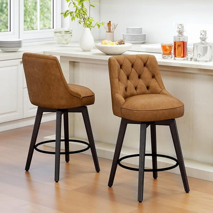Vipbear Swivel Bar Stools Set of 2, Updated Thickened Faux Leather Counter Height Barstools with Backs, Solid Wood Legs, 26" Modern Bar Height Stools for Kitchen Island, Dining Room, Brown Seat