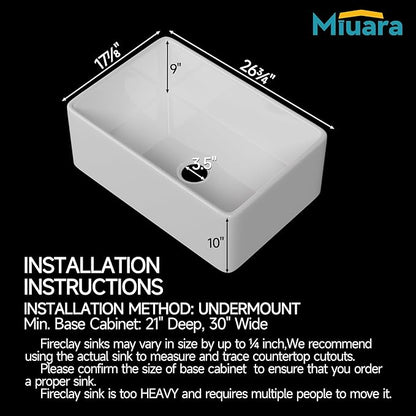 Miuara Farmhouse Sink 27 Inch - Small Apron Front Undermount Kitchen Sink Reversible 27"x18"x10", Farm House Style Single Bowl, Heavy Duty Solid Fireclay, White, for Kitchen & Laundry & Small Space