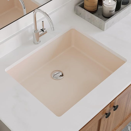 DeerValley Rectangular Undermount Bathroom Sink,19.72"x15.59"x6.54" Modern Vessel Sink Bone Color Undermount Bathroom Sink Rectrangle Porcelain Ceramic Lavatory Vanity Vessel Sink with Overflow