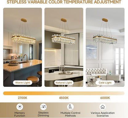 Modern Gold Crystal Led Chandelier: 39.3" Rectangular 3 Color K9 Living Room Dimmable Chandeliers - Luxury Rectangle Linear Crystals Contemporary Oval Light Fixture for Bedroom Entryway with Remote