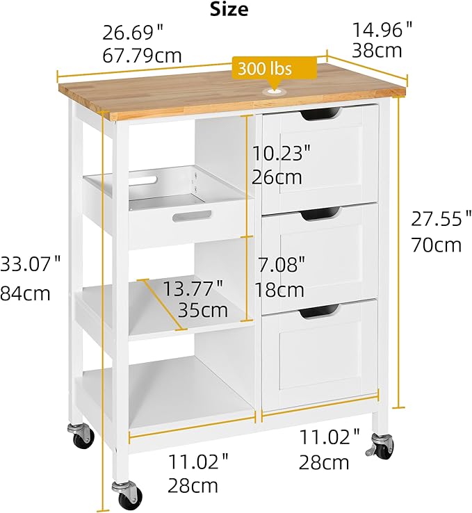 DWVO Solid Wood Top Rolling Kitchen Island Cart, 3 Tier Mobile Kitchen Storage Island Cart with 3 Drawers and 3 Opening Storage Shelves for Kitchen & Dining Area, White