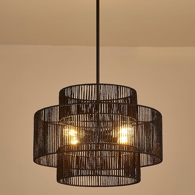 24” Boho Hand Woven Rattan Chandelier 3 Round Adjustable 4-Light Large Pendant Light for Kitchen Island Dining Room Living Room Hallway, Black, UL Listed