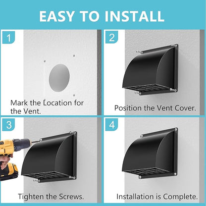 2 Pcs 4 Inch Dryer Vent Cover Outside, HG Power Metal Exterior Vent Cover with Removable Screen & Cushioned Non-Return Flap, Air Wall Vent for House, Range Hood, AC, Opening Diameter: 3.81" Black