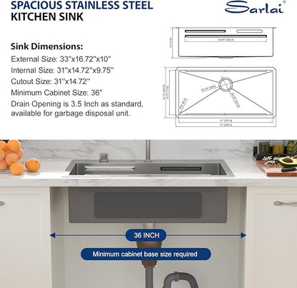 Sarlai 33 Inch Waterfall Kitchen Sink - Undermount Kitchen Sink With Waterfall Ledge Workstation Stainless Steel 16 Gauge Multifunction Single Bowl Under Mount Sinks Basin with Faucet