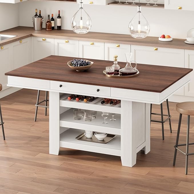 GAOMON 60" Counter Height Dining Table for 4, Farmhouse Rectangular Tall Bar Height Kitchen Dining Table & Thick Table Top, with Deepened Wine Rack & Shelves for Kitchen, Bar,Retro White & Brown