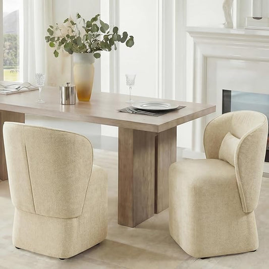 KISLOT Upholstered Dining Chairs with Wheels, Easy Assembly Stain Resistant Fabric Modern Barrel Armchair with Lumbar Cushion, Dining Room Chairs for Kitchen Living Room Bedroom, Sand, Set of 2