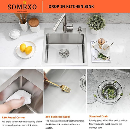15×15 Inch Drop-In Stainless Steel Bar Sink with Faucet Combo - Top Mount Single Bowl, Small Kitchen Sink for Bar Prep, RV, and Compact Spaces