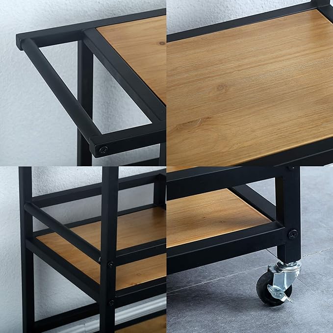 MBQQ Bar and Serving Cart Industrial & Modern Rustic Rolling Bar and Serving Cart,3-Tiered Wood & Metal Kitchen Bar Cart Island with Wheels,Move Storage Coffee/Wine Island Shelf,Black