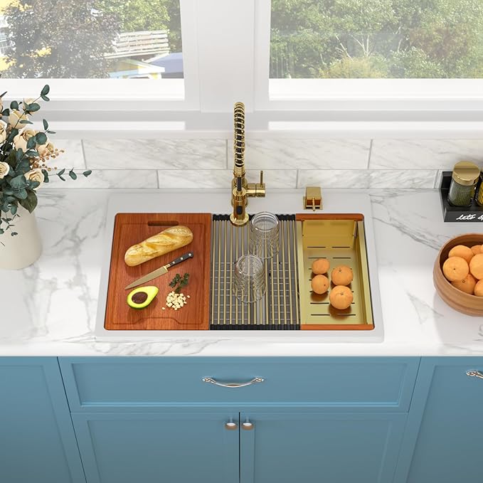 Sarlai 33 Granite Composite Kitchen Sink Double Bowl - 33"x22" White Granite Kitchen Sink Drop In Ledge Workstation Double Bowl 60/40 Low Divided Quartz Composite Above Counter with Gold Accessories